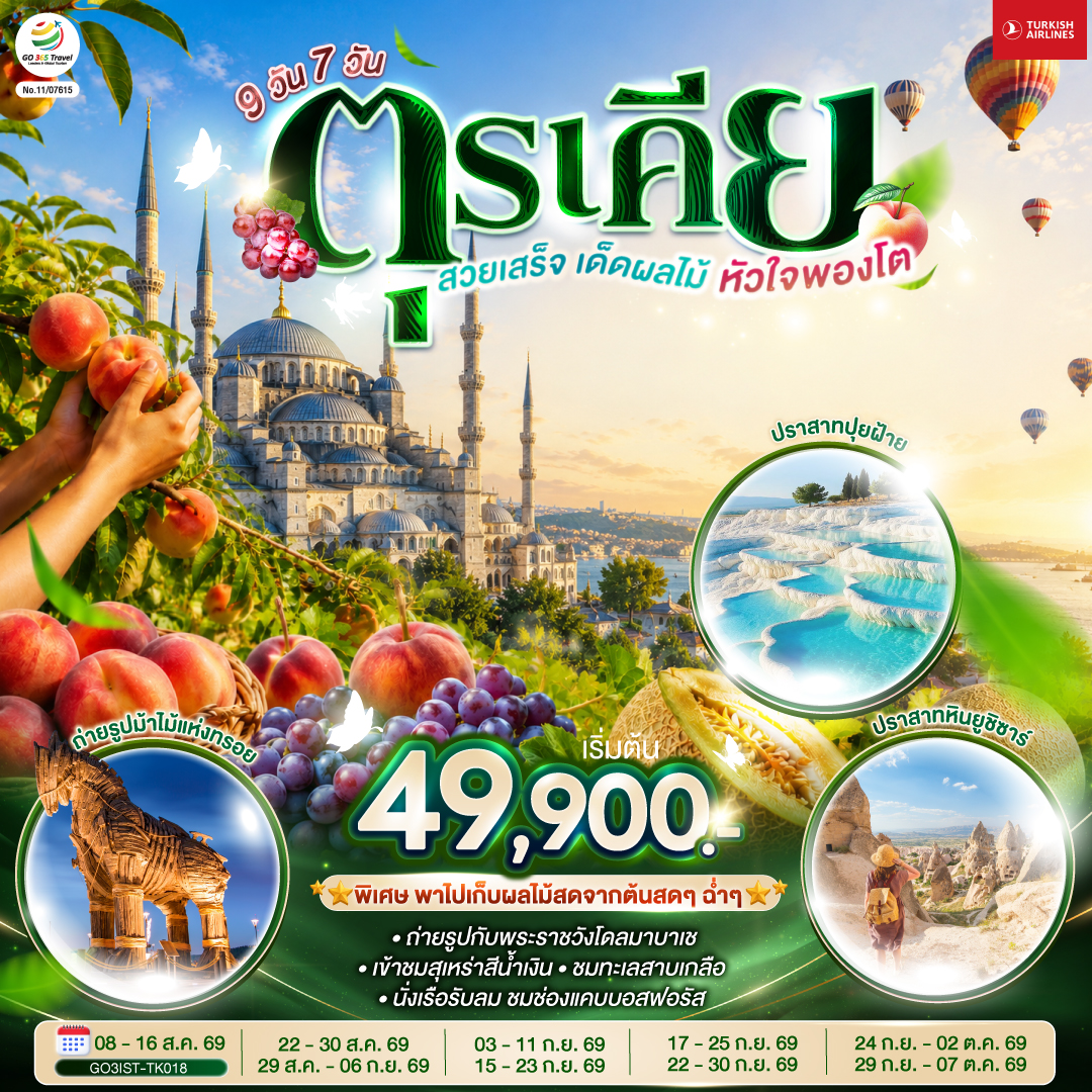 สนามบินอิสตันบูล – บ้านหลากสีสัน  - เข้าชมสุเหร่าสีน้ำเงิน - ฮิปโปโดรม - สุเหร่าฮาเกียโซเฟีย - ชมวิวบนโรงแรมเซเว่นฮิลล์ส - ชานัคคาเล่ - ถ่ายรูปม้าไม้แห่งทรอย - ปามุคคาเล่ – ปราสาทปุยฝ้าย – เมืองโบราณเฮียราโพลิส – เก็บผลไม้ในสวน - คอนยา - คาราวานสไร - คัปปาโดเกีย-  นครใต้ดิน- หุบเขาเกอเรเม -  หุบเขานกพิราบ - ปราสาทหินยูชิซาร์ - อังการ่า - ทะเลสาบเกลือ - โบลู - อุทยานธรรมชาติโกลจุก - อิสตันบูล –ล่องเรือเฟอร์รี่ช่องแคบบอสฟอรัส - หอคอยกาลาตา - ตลาดสไปซ์ มาร์เก็ต - ทักซิม สแควร์ - อิสตันบู